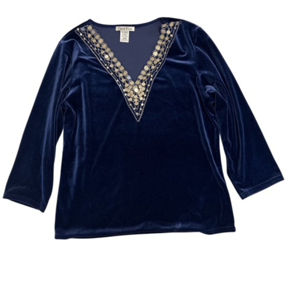 Carol‎ Rose Womens Tunic Size L Blue Velvet Sequin  V-Neck Long Sleeve Top